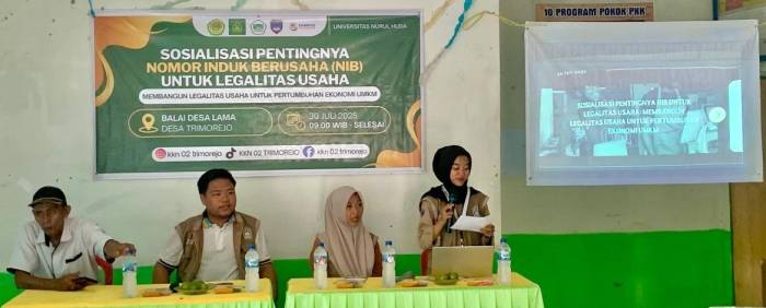 Mahasiswa Kuliah Kerja Nyata (KKN) dari Universitas Nurul Huda menggelar kegiatan sosialisasi pembuatan Nomor Induk Berusaha