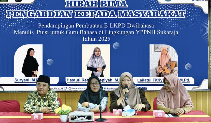 Tim Pengabdian kepada Masyarakat Universitas Nurul Huda melaksanakan kegiatan pendampingan sekaligus pembuatan modul ajar dan Lembar Kerja Peserta Didik (LKPD) dwibahasa menulis puisi bagi para guru di lingkinagn YPPNH Sukaraja. Foto: dok Tim PKM